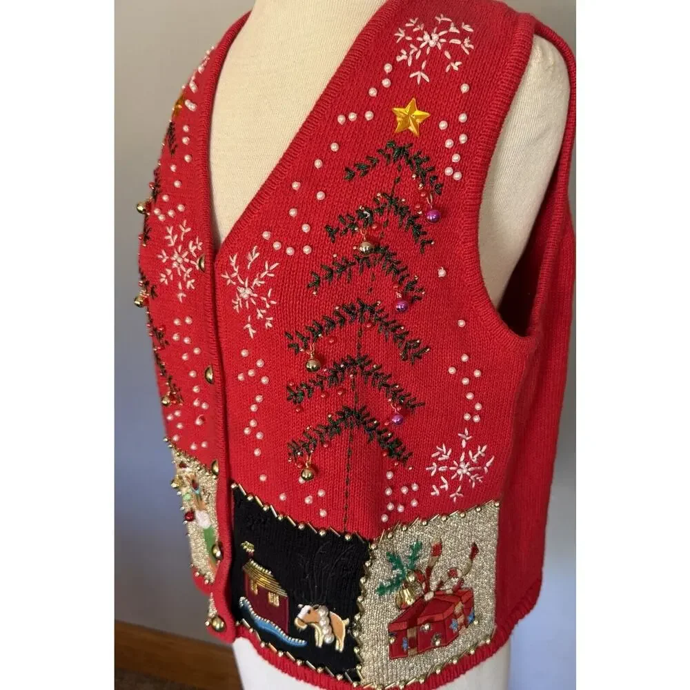 VTG Lisa International Sz PM Ugly Christmas Sweater Vest‎ Real Jingle Bells Snow